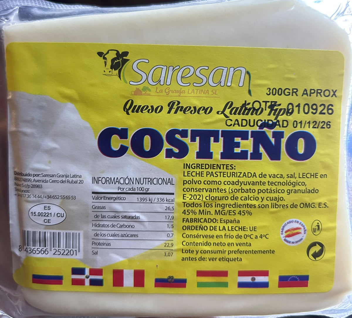 Queso fresco Saresan Tipo Costeño de 300 gramos
